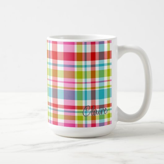 Bright Rainbow Plaid Checkered Pattern Custom Name コーヒーマグカップ (右)