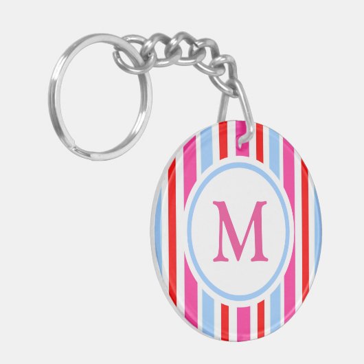 Bright Red and Blue Candy Stripes Monogram キーホルダー (正面左)
