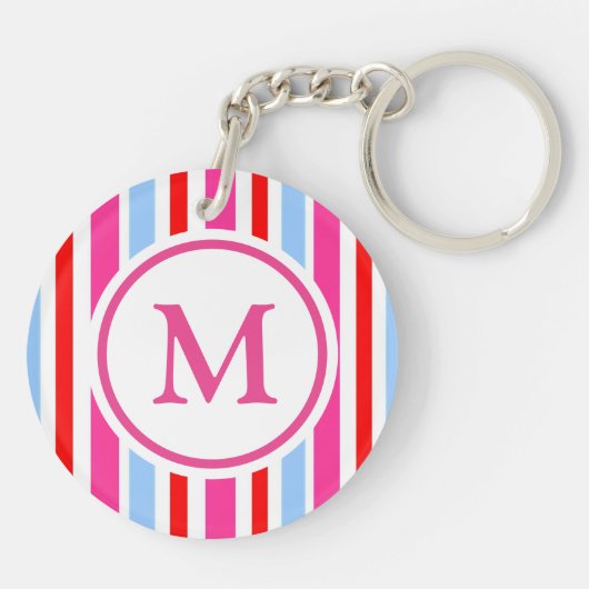 Bright Red and Blue Candy Stripes Monogram キーホルダー (裏面)