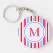 Bright Red and Blue Candy Stripes Monogram キーホルダー (正面)
