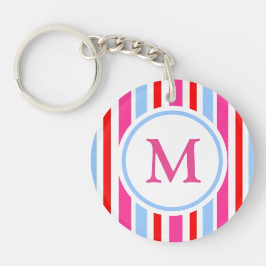 Bright Red and Blue Candy Stripes Monogram キーホルダー (正面)