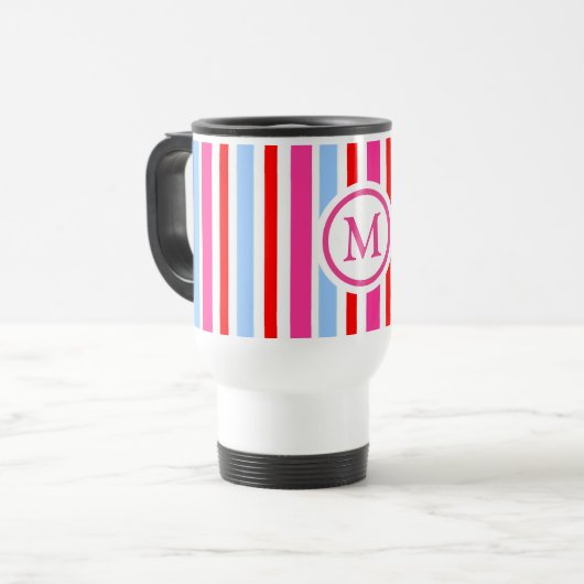 Bright Red and Blue Candy Stripes Monogram トラベルマグ (正面左)