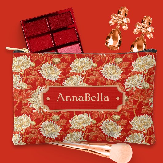 Bright Red and Cream Chrysanthemum アクセサリーポーチ