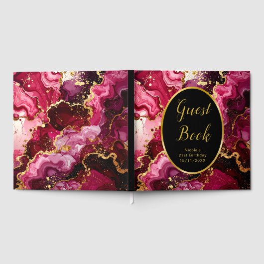 Bright Red and Gold Marble Agate Birthday Party ゲストブック (全面)