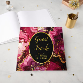Bright Red and Gold Marble Agate Birthday Party ゲストブック