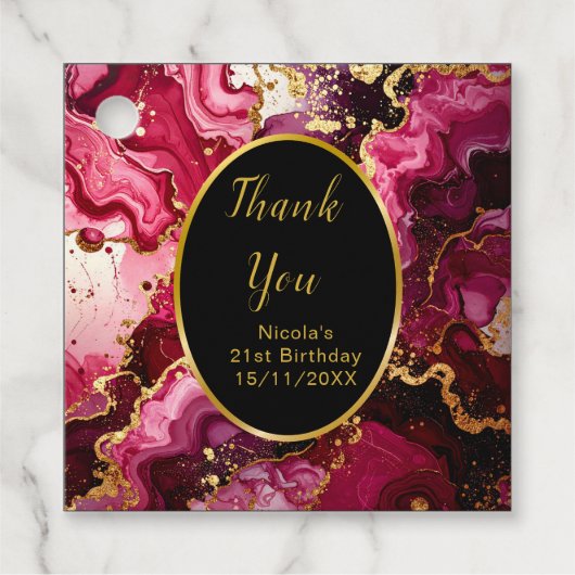 Bright Red and Gold Marble Agate Birthday Party フェイバータグ (正面)