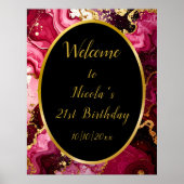 Bright Red and Gold Marble Agate Birthday Welcome ポスター (正面)
