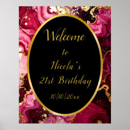 Bright Red and Gold Marble Agate Birthday Welcome ポスター