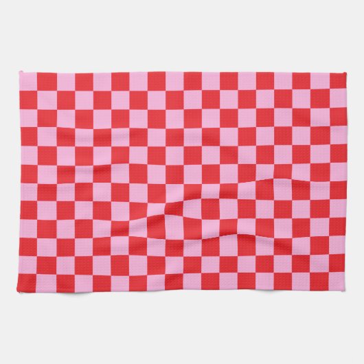 Bright Red and Light Pink Checkered キッチンタオル (横)