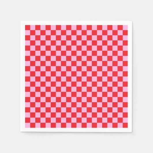 Bright Red and Light Pink Checkered スタンダードカクテルナプキン (正面)