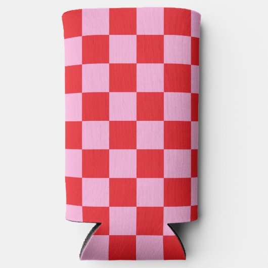 Bright Red and Light Pink Checkered スリム缶クーラー (正面)