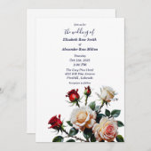 Bright Red and pink white roses floral wedding 招待状 (正面/裏面)