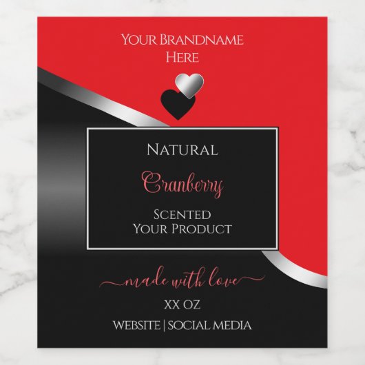 Bright Red Black Wavy Silver Hearts Product Labels ワインラベル (シングルラベル)