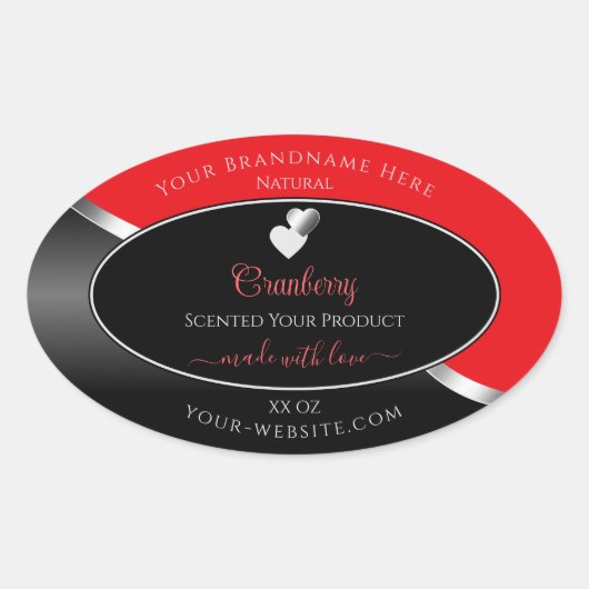 Bright Red Black Wavy Silver Hearts Product Labels 楕円形シール (正面)