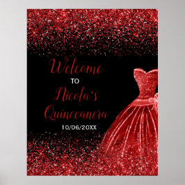 Bright Red Dress Faux Glitter Quinceanera Welcome ポスター
