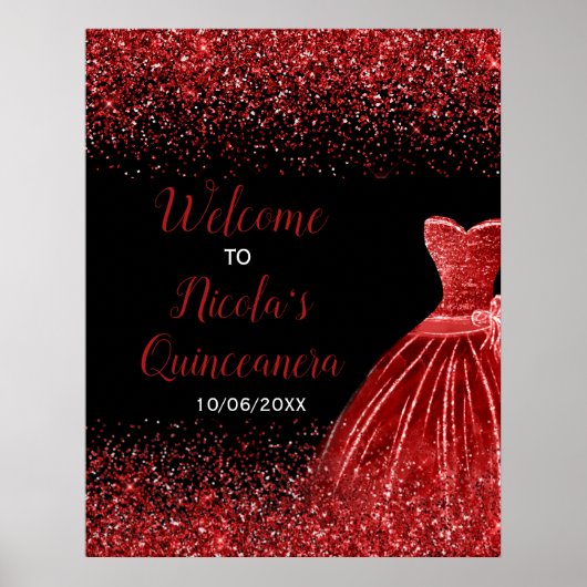 Bright Red Dress Faux Glitter Quinceanera Welcome ポスター (正面)