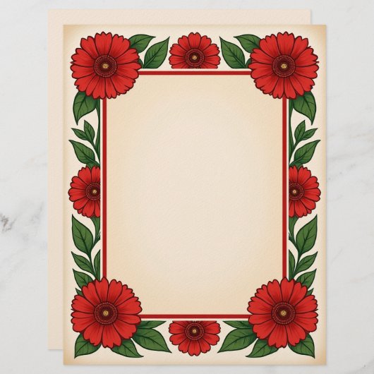 Bright Red Flowers & Frame Stationery Paper レターヘッド (正面/裏面)