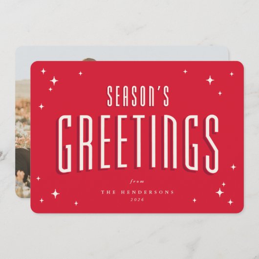 Bright Red Season's GreetingsレトロStars写真 シーズンカード (正面/裏面)