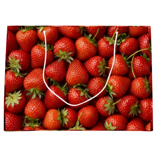 Bright Red Summer Strawberry Harvest Pattern ラージペーパーバッグ (正面)