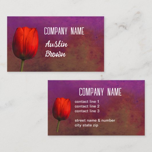  bright red tulip flower art on purple and rust 名刺 (正面/裏面)