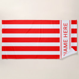 Bright Red White Stripe Towel with Your Name ビーチタオル