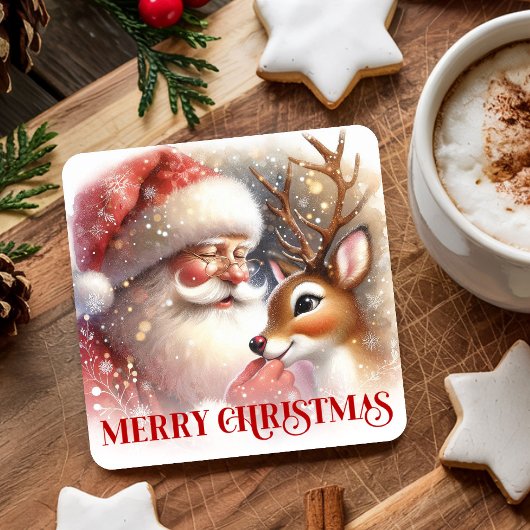Bright Santa Claus Rudolph Festive Holiday Coaster スクエアペーパーコースター