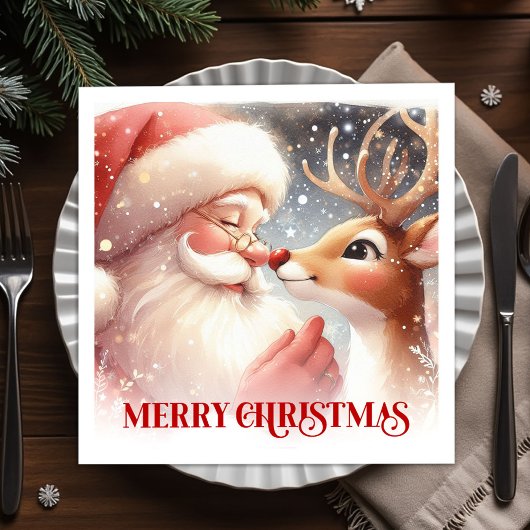 Bright Santa Rudolph Christmas Table Napkins スタンダードカクテルナプキン