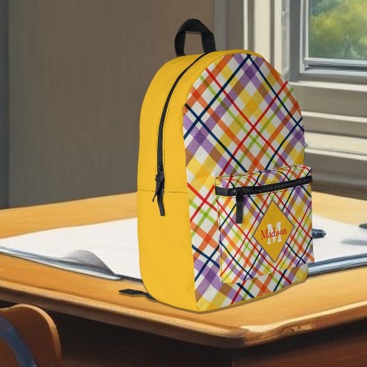 Bright School Plaid Yellow Monogram プリントバックパック