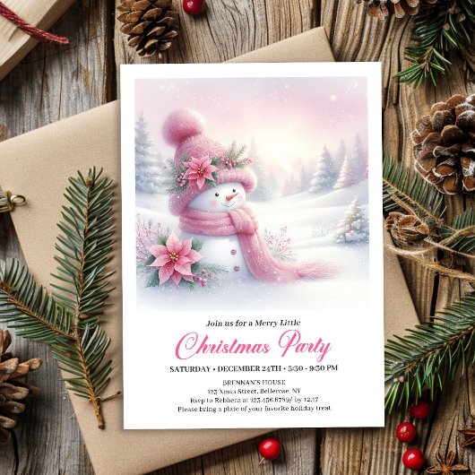 Bright Snowy Forest Pink Snowman Christmas Invite  招待状