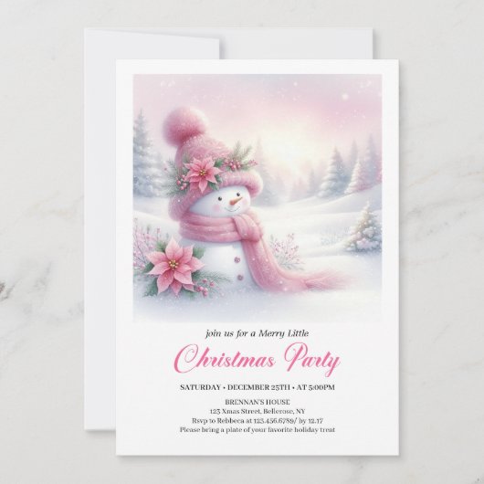 Bright Snowy Forest Pink Snowman Christmas Invite  招待状 (正面)