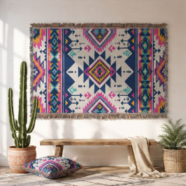 Bright Southwestern Pink Navy Teal & Gold Aztec スローブランケット