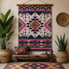 Bright Southwestern Pink Navy Teal & Gold Aztec 吊り下げ型タペストリー