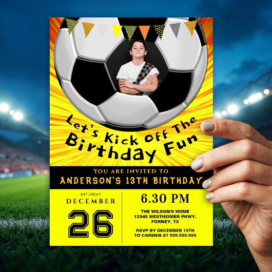 Bright Sporty Custom Photo Birthday I | Soccer 招待状