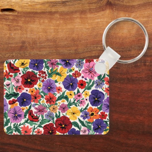 Bright Spring Pansies Floral Garden Pattern キーホルダー (正面)