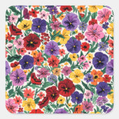 Bright Spring Pansies Floral Garden Pattern スクエアシール (正面)