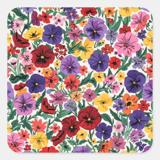 Bright Spring Pansies Floral Garden Pattern スクエアシール (正面)