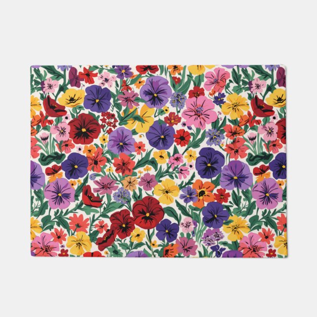 Bright Spring Pansies Floral Garden Pattern ドアマット (正面)