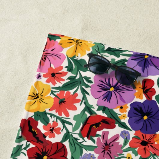 Bright Spring Pansies Floral Garden Pattern ビーチタオル (インサイチュ)