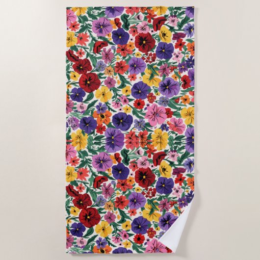 Bright Spring Pansies Floral Garden Pattern ビーチタオル (正面)