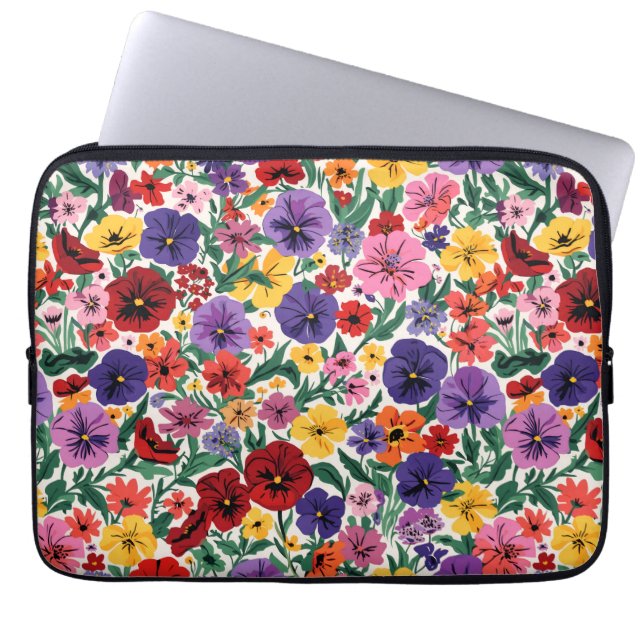 Bright Spring Pansies Floral Garden Pattern ラップトップスリーブ (正面)