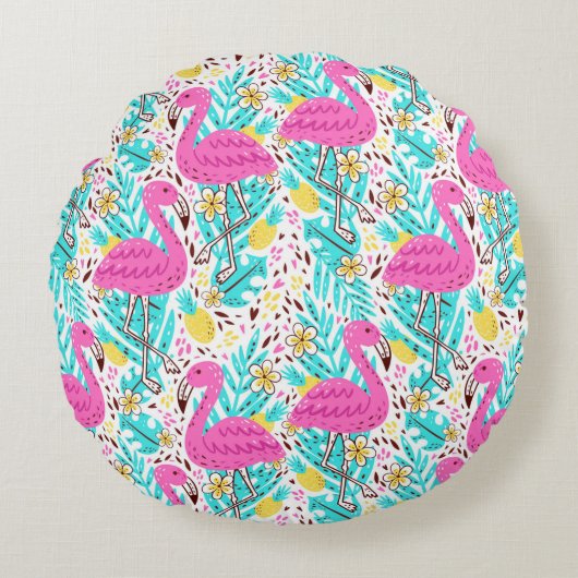Bright summer pattern with flamingo, hearts, ice-c ラウンドクッション (正面)