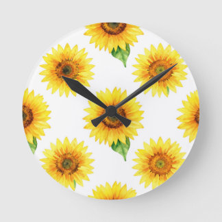 Bright Sunflower Watercolor Seamless Pattern ラウンド壁時計