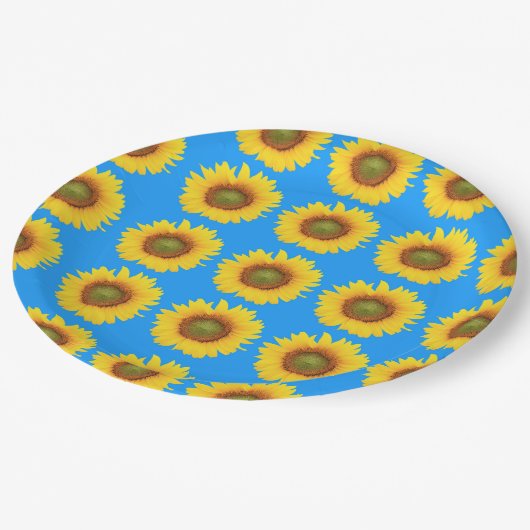 Bright Sunflowers Blue Pattern ペーパープレート (アングル)