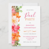 Bright Tropical Floral Birthday Pool Party  招待状 (正面)