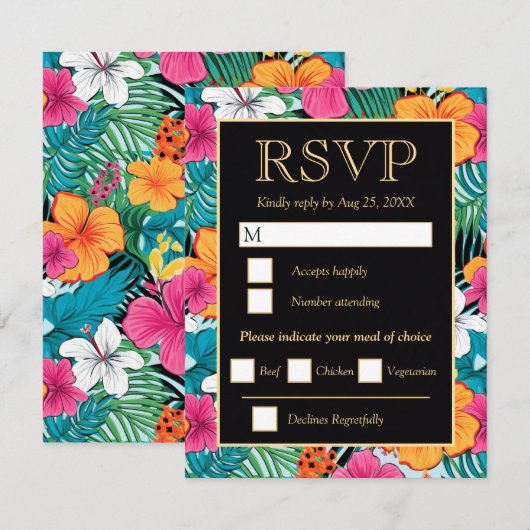  Bright Tropical Hibiscus Wedding 出欠カード (正面/裏面)