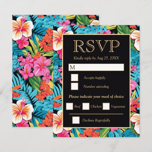  Bright Tropical Hibiscus Wedding 出欠カード (正面/裏面)