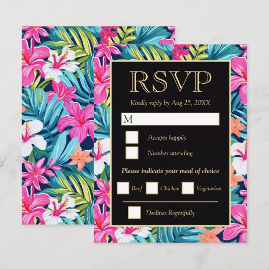  Bright Tropical Hibiscus Wedding 出欠カード (正面/裏面)