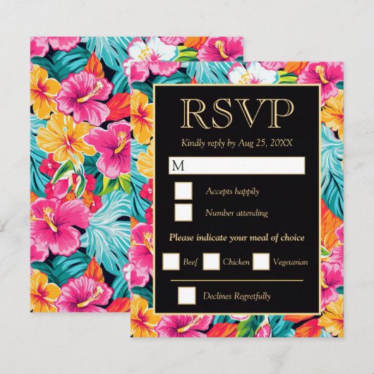  Bright Tropical Hibiscus Wedding 出欠カード (正面/裏面)