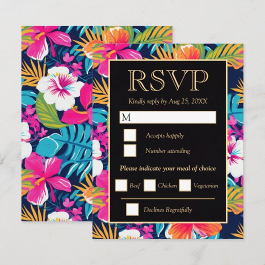  Bright Tropical Hibiscus Wedding 出欠カード (正面/裏面)