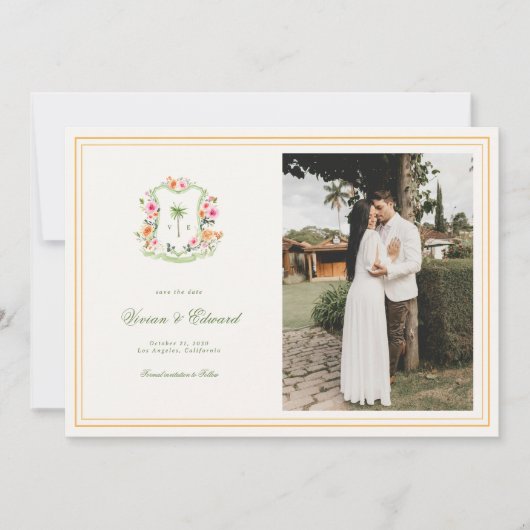 Bright Tropical Palm Tree Crest Beach Wedding セーブザデート (正面)